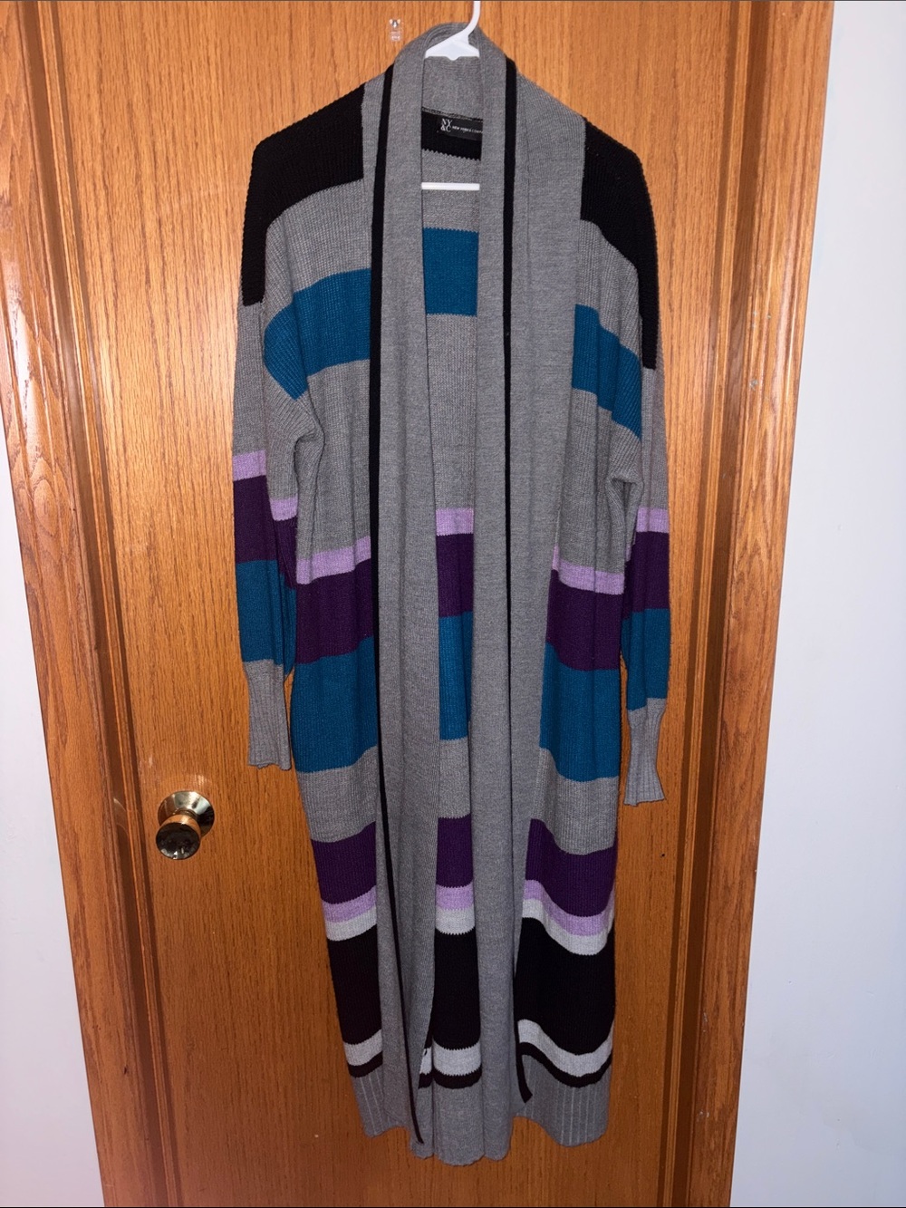 New York & Company Long Open-Front Striped Cardigan - Gray, Teal, Purple & Black